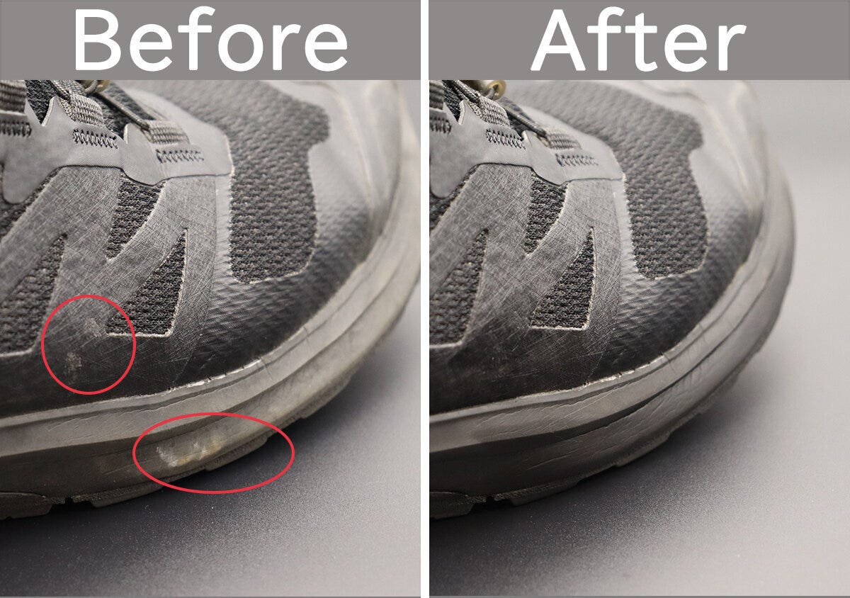 黒いスニーカーのつま先部分の汚れがウェットシートで落ちたBefore/After比較 黒いスニーカーのつま先部分の汚れがウェットシートで落ちたBefore/After比較