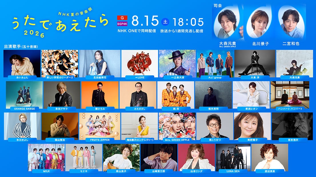 二宮和也ら司会NHK音楽祭、Mrs. GREEN APPLE・M!LKら31組の出演歌手決定【うたであえたら2026】