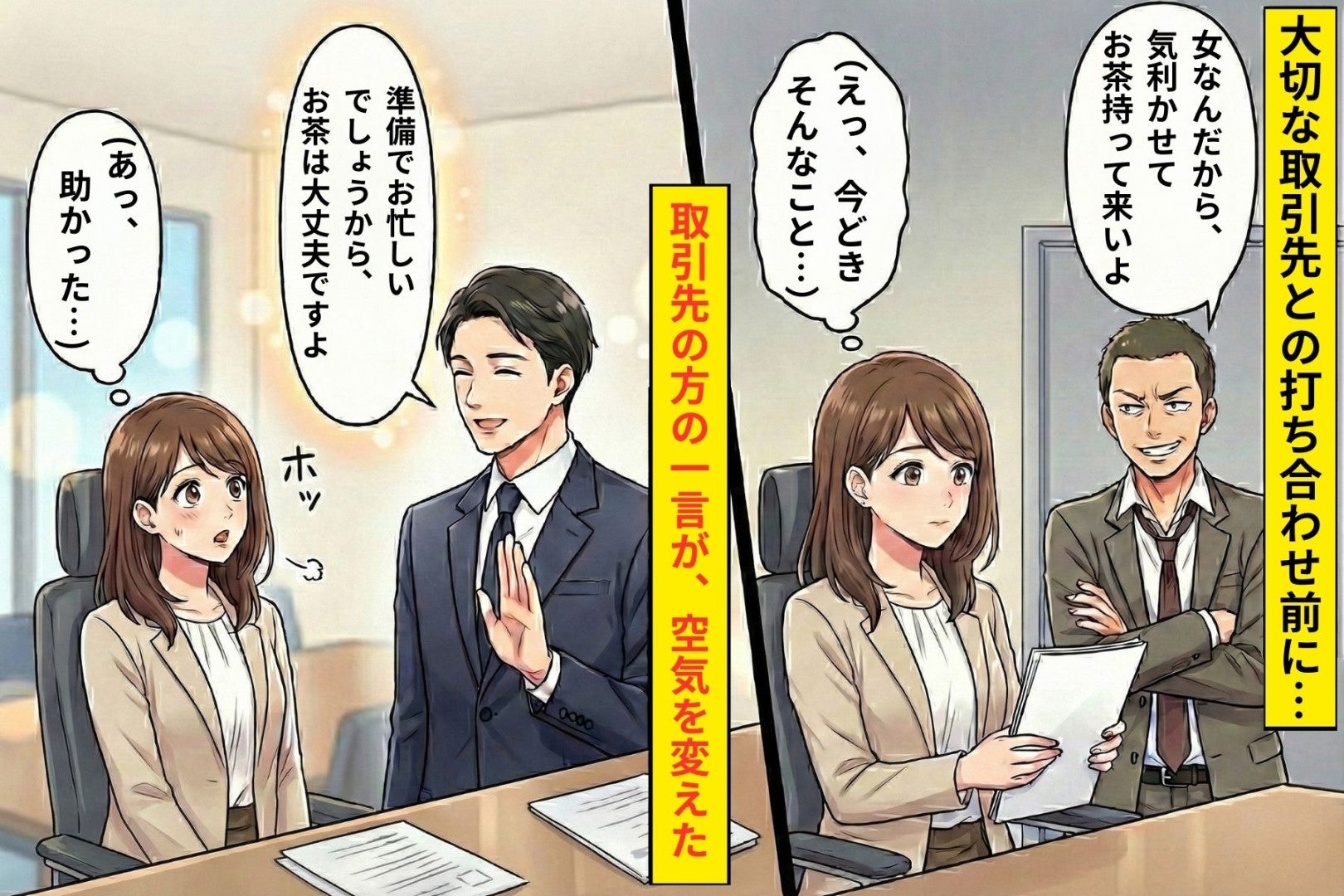 「女なんだから気を利かせて、お茶持って来いよ」同期の一言→取引先の一言で空気が変わった