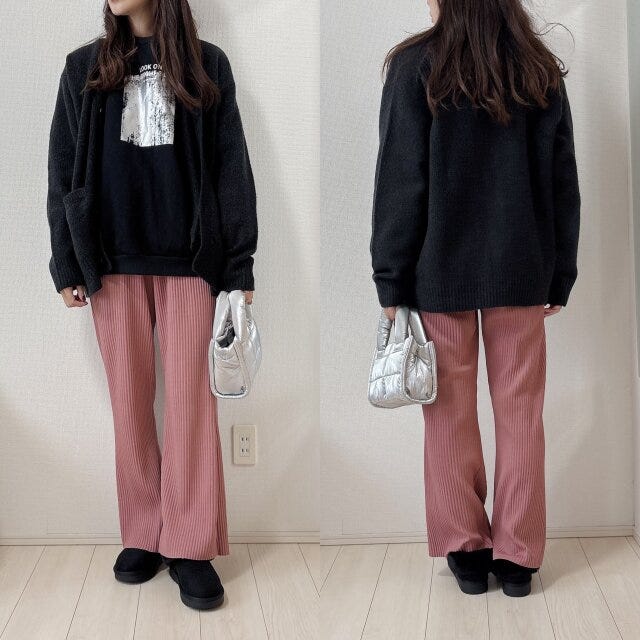 GUパフニットVネックカーディガンとリブパンツコーデ