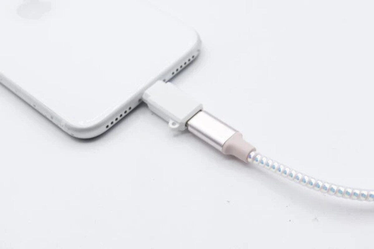 白いiPhoneにセリアのType-C変換アダプタを介してオーロラタイプ充電ケーブルを接続している様子