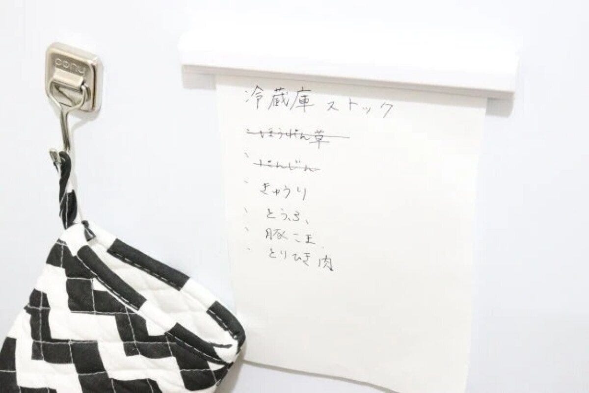 ダイソーの差し込みメモクリップをマグネットで冷蔵庫に貼った状態