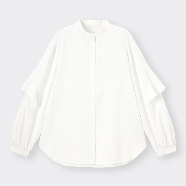 GU　レディース　おすすめ　オススメ　プチプラ　コスパ　高見え　2023　春　ブラウス　白ブラウス　白　ホワイト　ラッフルスリーブブラウス　ラッフルブラウス　ラッフル　フリル