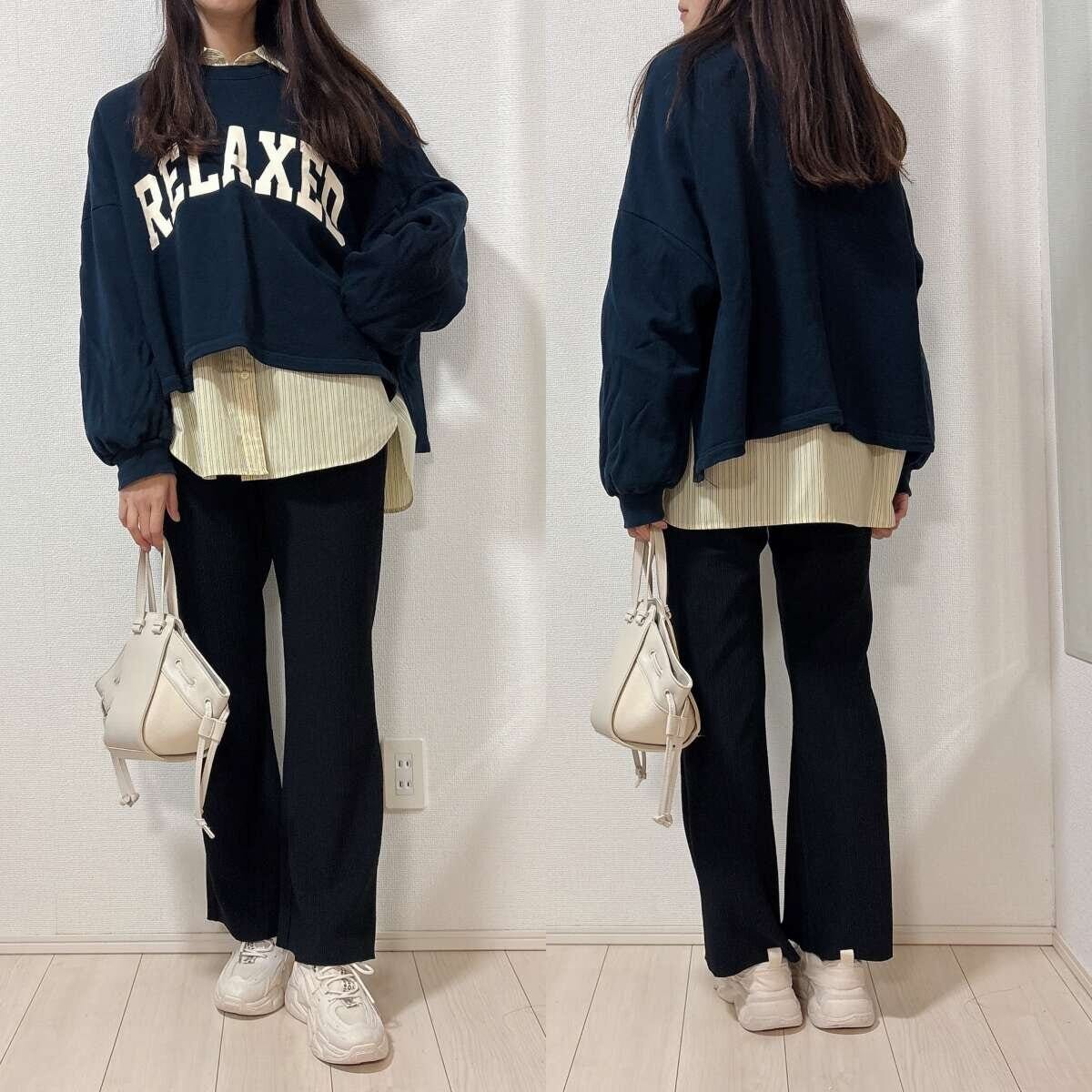 GUドルマンスリーブストライプシャツ GUドルマンスリーブストライプシャツのスウェットレイヤードコーデ