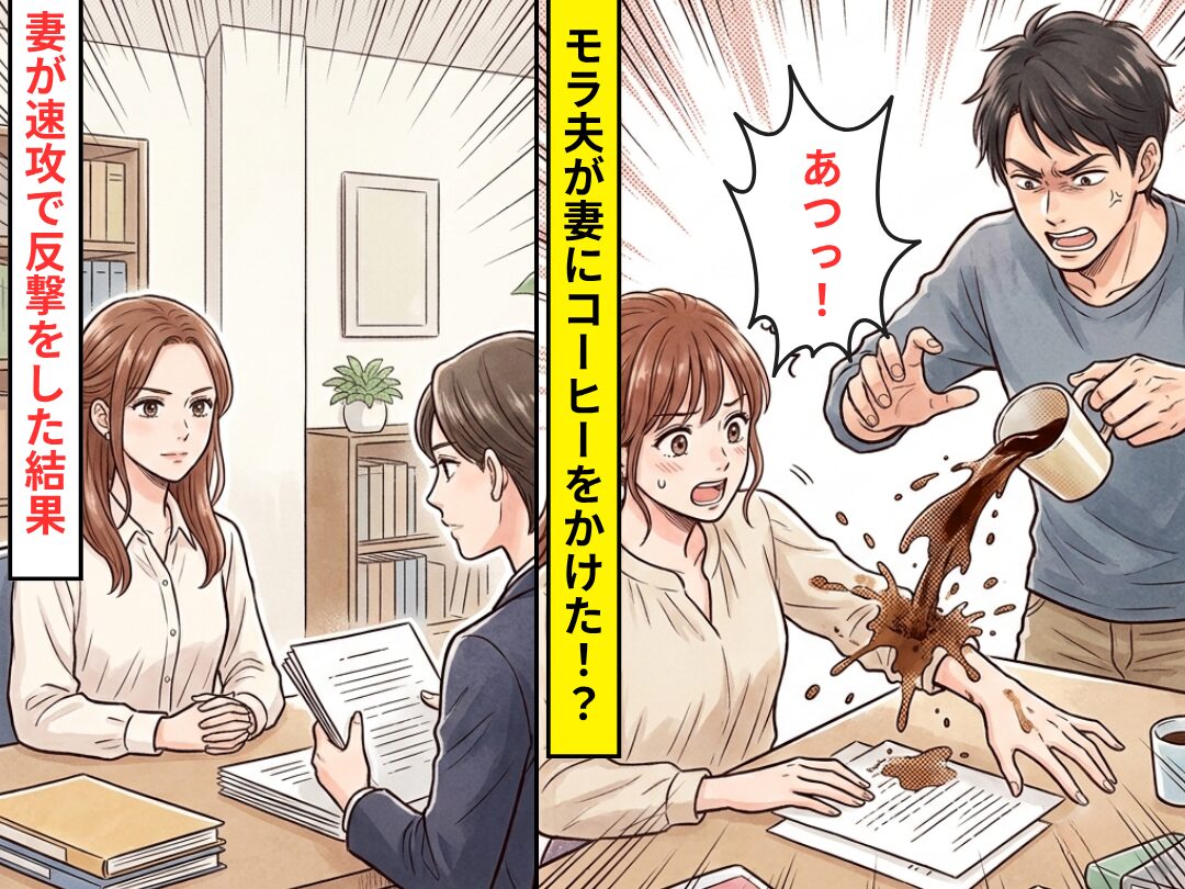 書類を片付けようとした瞬間…「あつっ！」モラ夫にコーヒーをかけられた！？だが翌日⇒妻が速攻で反撃を開始した【結果】