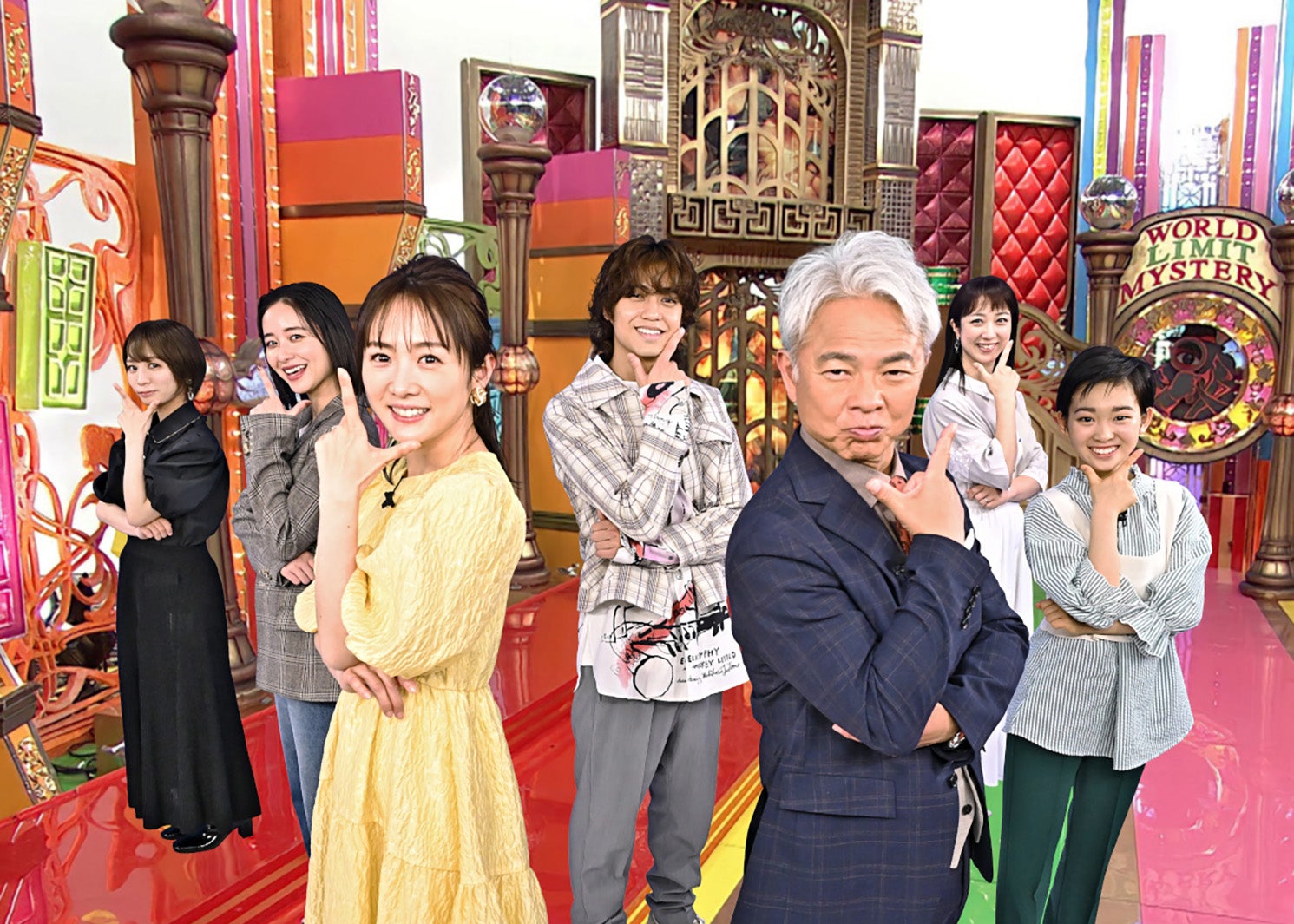 （左から）モモコグミカンパニー、堀田真由、高島彩、高橋海人、恵俊彰、川田裕美、村山輝星（C）TBS