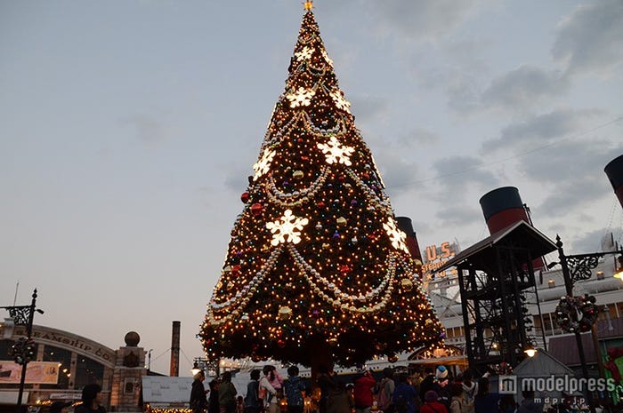 S.S.コロンビア号の前のクリスマスツリー(夕暮れ時)