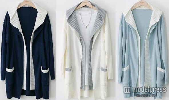 バイカラーのフード付きカーディガン3色展開 画像提供:「ogage japan」4,980円(税込)