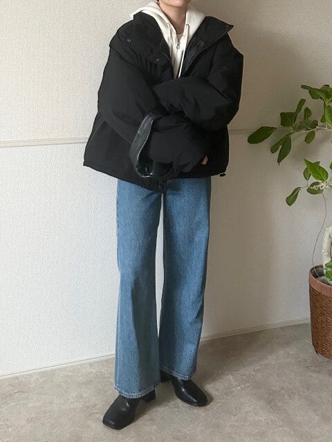 GUパフスウェットフルジップパーカ GUパフスウェットフルジップパーカとデニムの冬コーデ