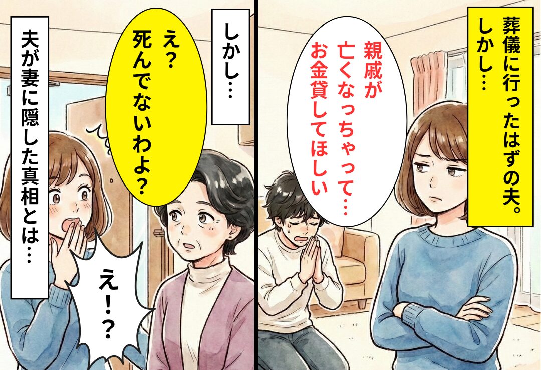 夫「親戚が亡くなった。葬式をする」しかし後日⇒「亡くなってないよ？それに…」友人が明かした【真実】に妻は戦慄！？