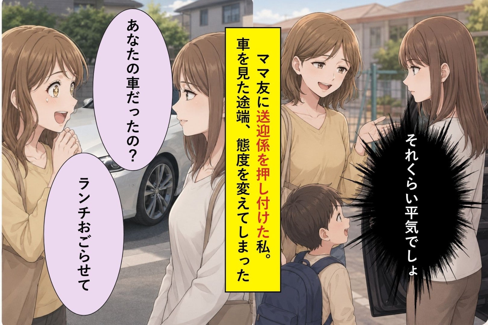 送迎係としか思っていなかったママ友の車が外車だと知り、態度を変えた自分が恥ずかしくなった話