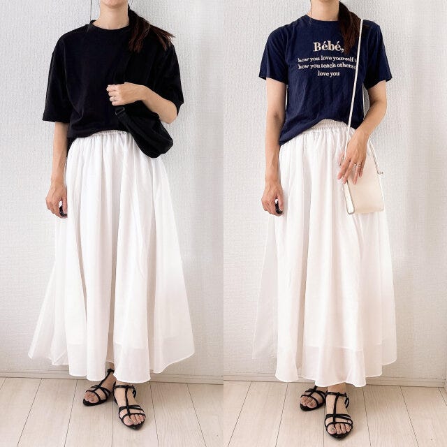 ボリュームフレアロングスカート　フィット感　ロゴT　コーデ