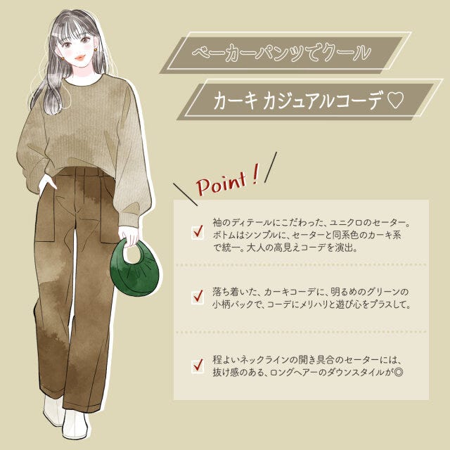 ユニクロ　プレミアムラムボリュームスリーブセーター　イラスト　パンツ　コーデ