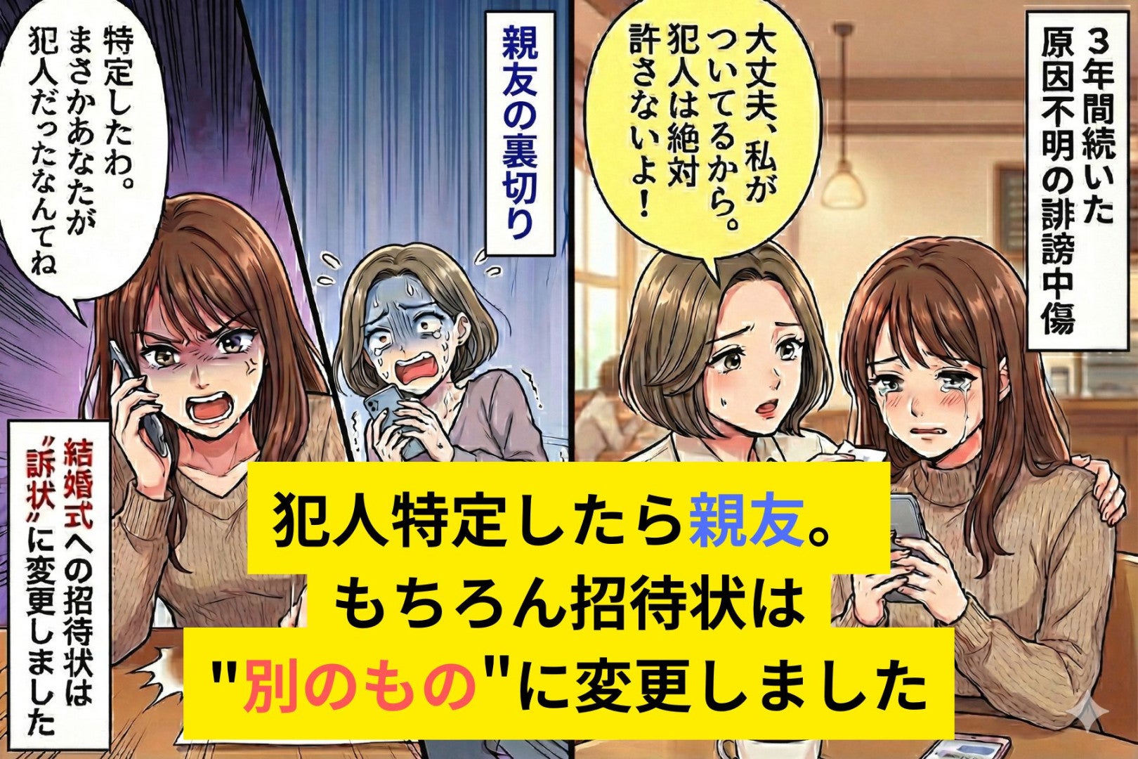 【実話】３年間続いた誹謗中傷。開示で判明した相手は、結婚式で受付を任せるはずの親友だった