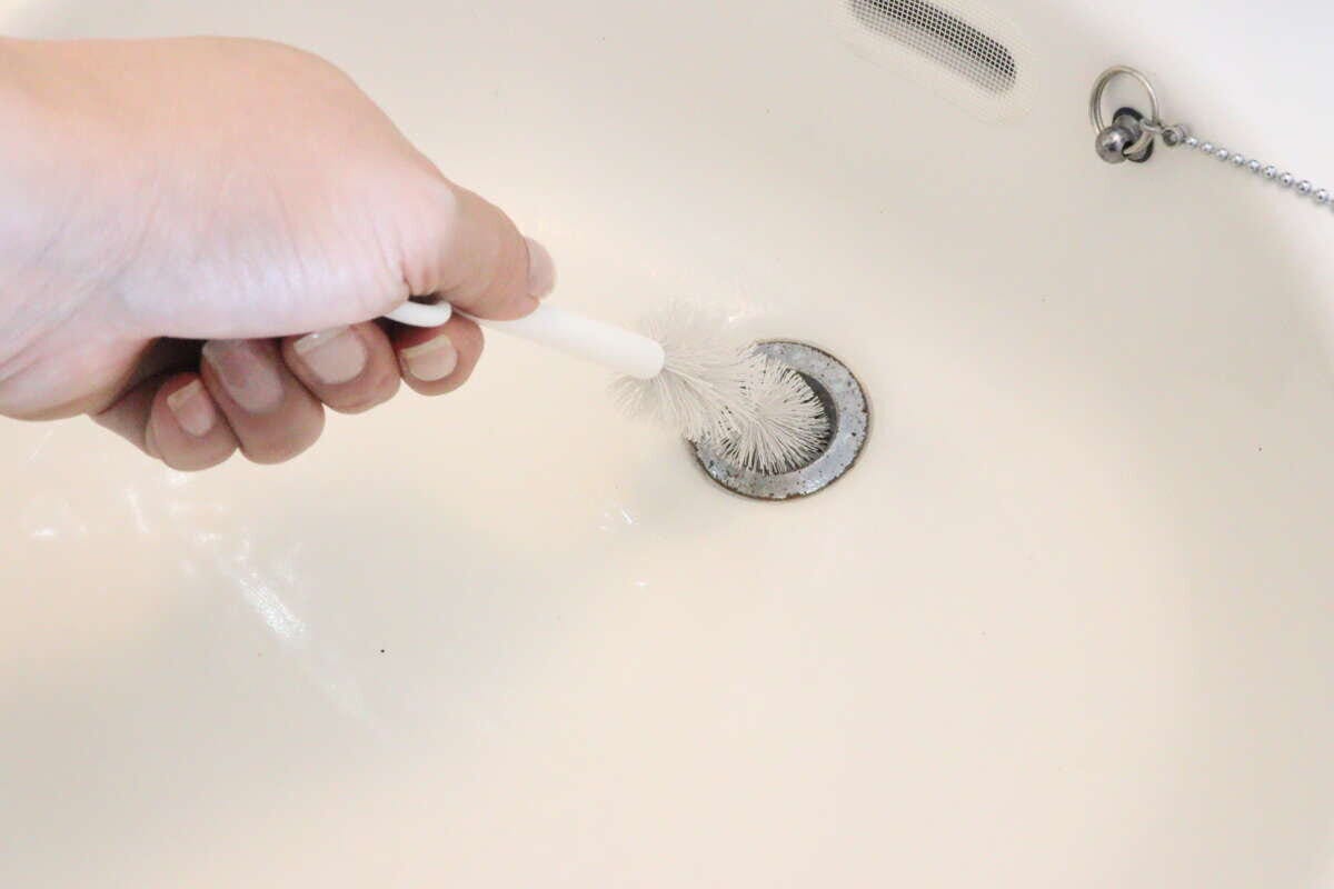 女性が洗面台の排水口を4連パイプクリーナーで掃除している