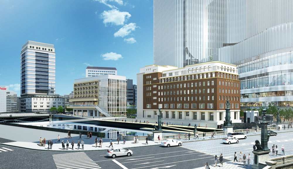 日本橋川沿い低層部外観イメージ（右からA街区、B街区）／画像提供：三井不動産