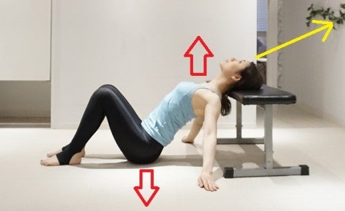 後頭部で椅子などをプッシュしながら、目線は斜め上を見ていきます。鎖骨の内側のくぼみを天井へ引き上げるイメージを持ってください。 また、骨盤は床にしっかりと落とすイメージを持ちます。