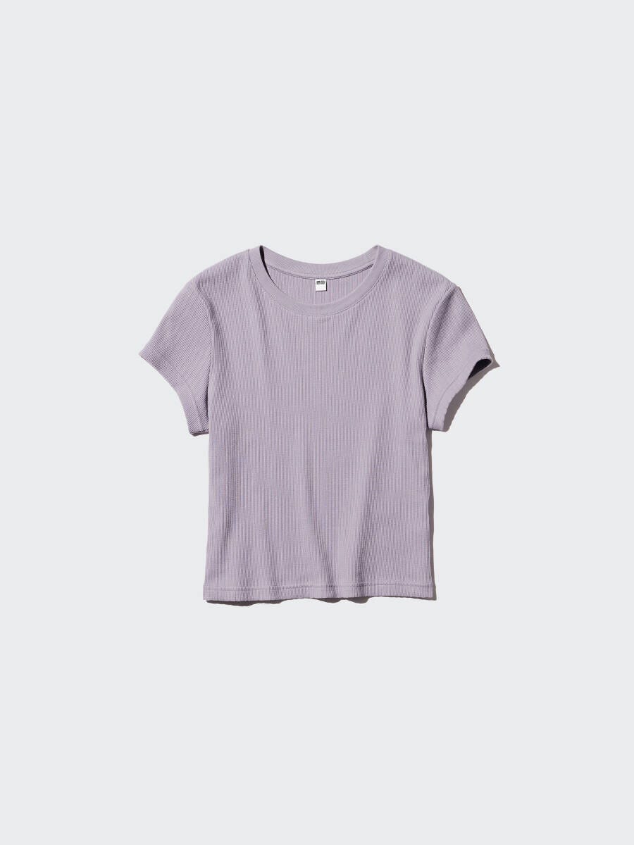 薄紫色でリブ素材の半袖Tシャツ