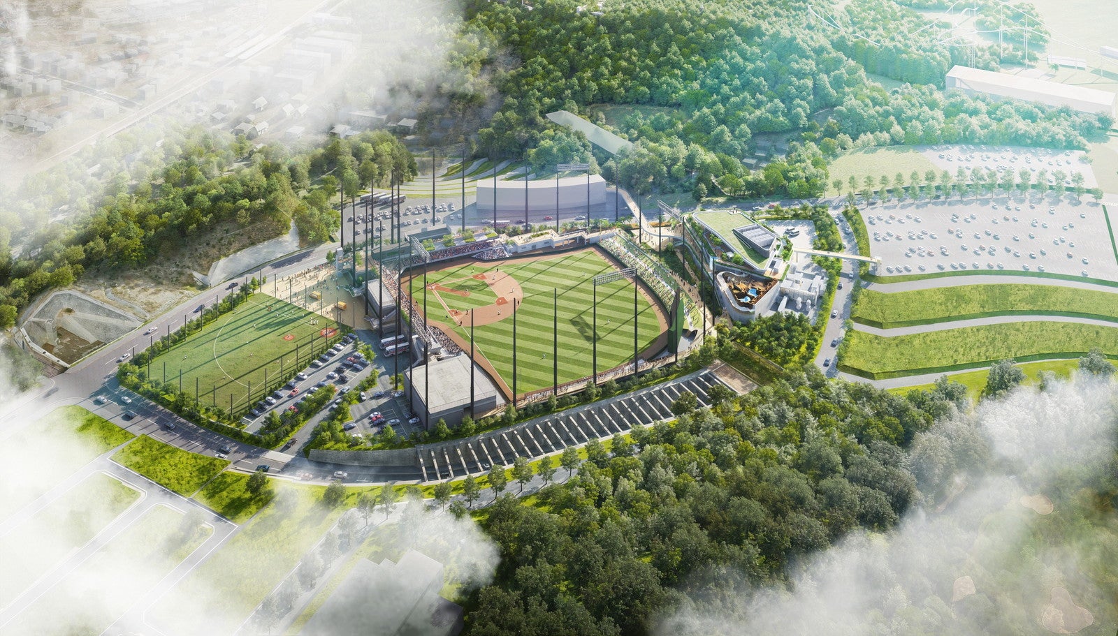 多摩丘陵の緑に溶け込む「東京ジャイアンツタウン」の全景（イメージ）／提供素材