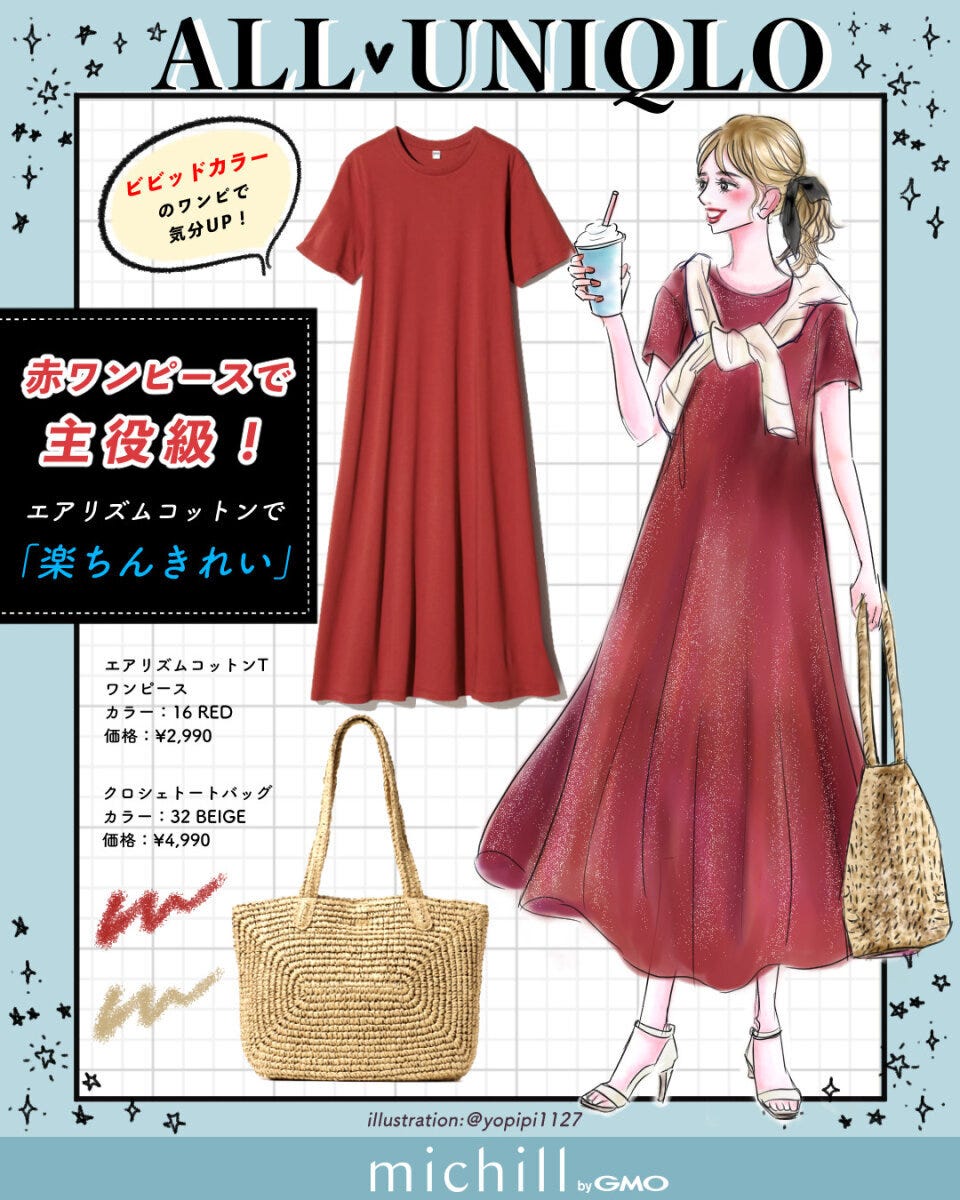 赤ワンピース主役の雨の日コーデイラスト 赤のエアリズムコットンTワンピースを着てドリンクを手に持つ女性のイラストと、ワンピースとかご編みトートの商品写真のコーデボード
