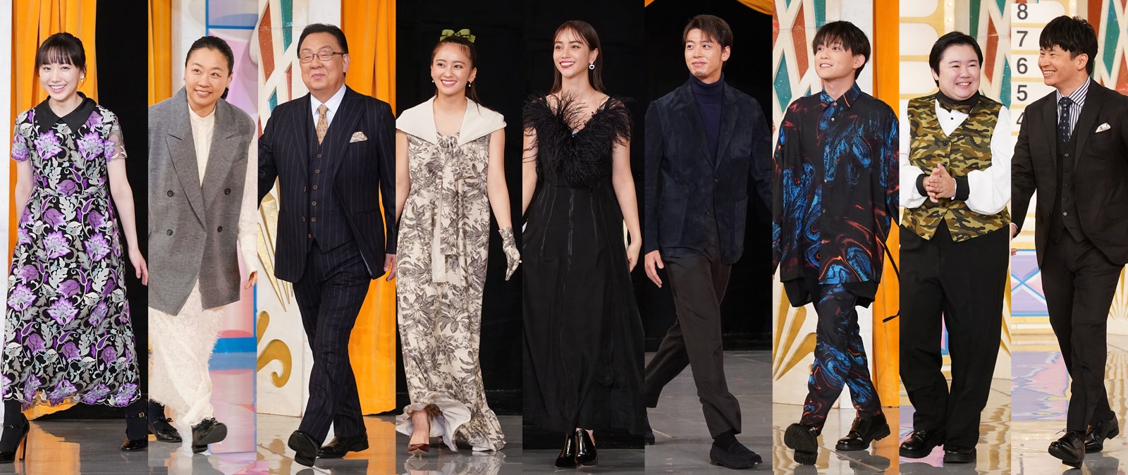 芦田愛菜、いとうあさこ、梅沢富美男、岡田結実、滝沢カレン、竹内涼真、松丸亮吾、やす子、若林正恭「欽ちゃん＆香取慎吾の第99回全日本仮装大賞」（C）日本テレビ