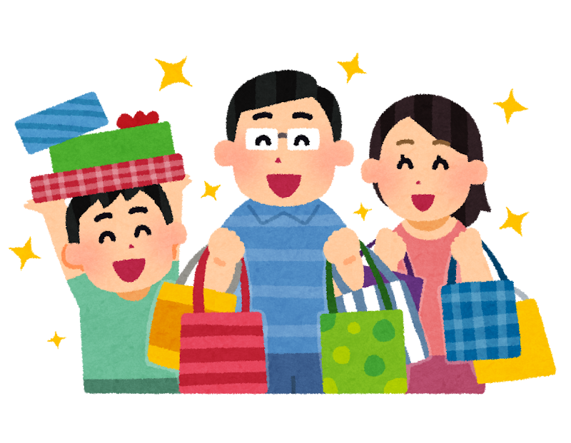 たくさん買い物をする家族のイラスト(アジア人)