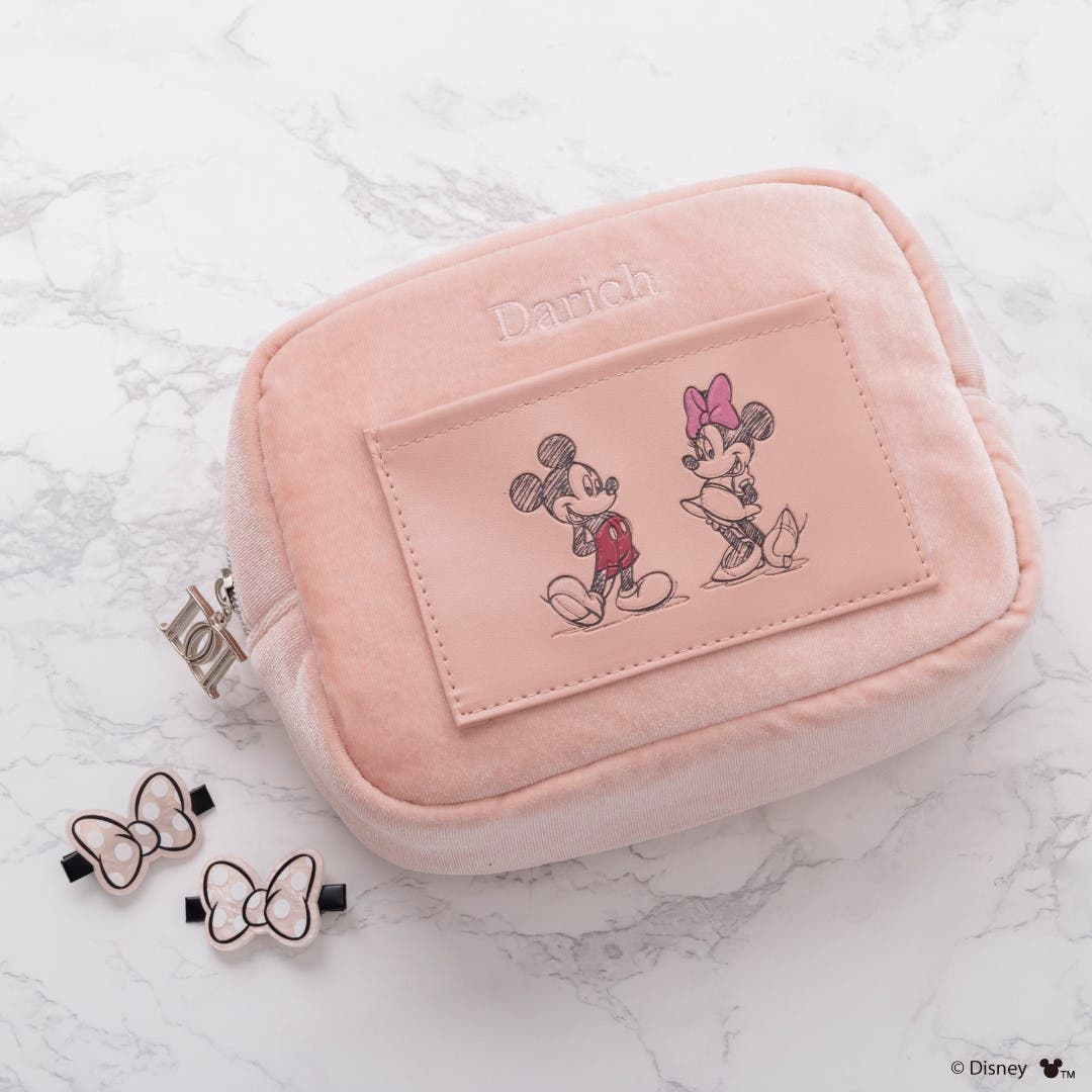 手書き風ミッキーとミニーのベロアスクエアポーチ/Darich(C)Disney