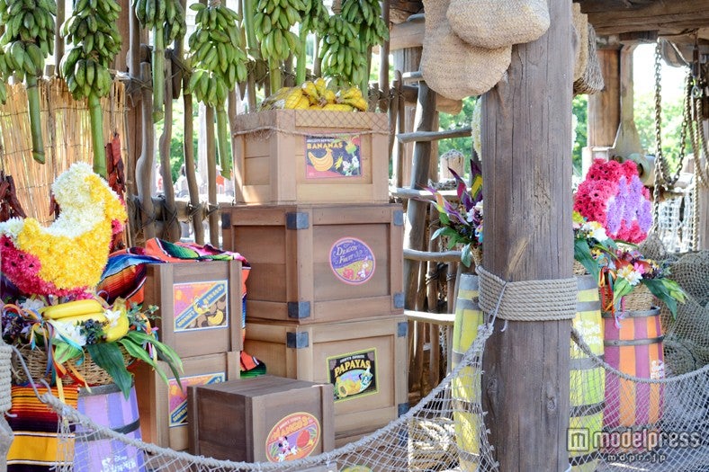 フルーツや木箱が並ぶ