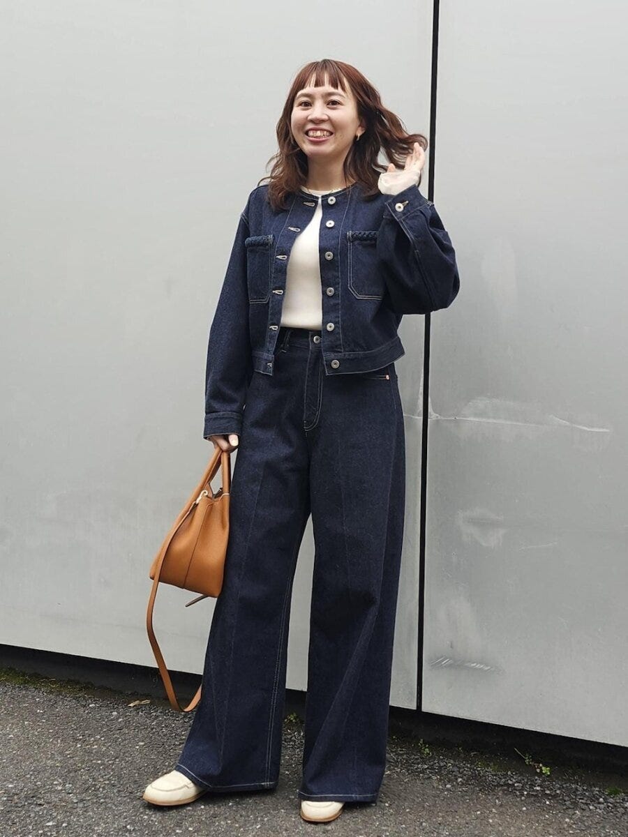 セットアップコーデ 2026春大人女性ノーカラーデニムジャケットセットアップコーデ