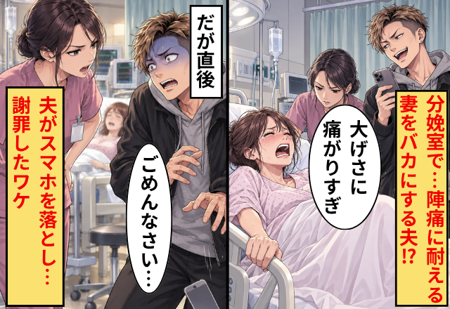 分娩室で…「大げさに痛がりすぎw」陣痛に耐える妻をバカにする夫！？だが直後⇒夫がスマホを落とし…「ごめんなさい…」