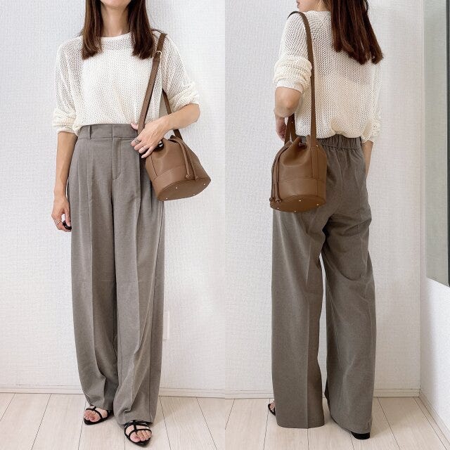 3Dメッシュクルーネックセーター　ブラウン系　コーデ