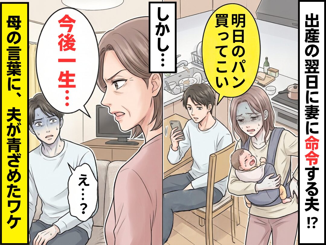 出産の翌日「明日のパン買ってこい」フラフラな妻に命令する夫！？しかし⇒「今後一生…」母の言葉に、夫が青ざめたワケ
