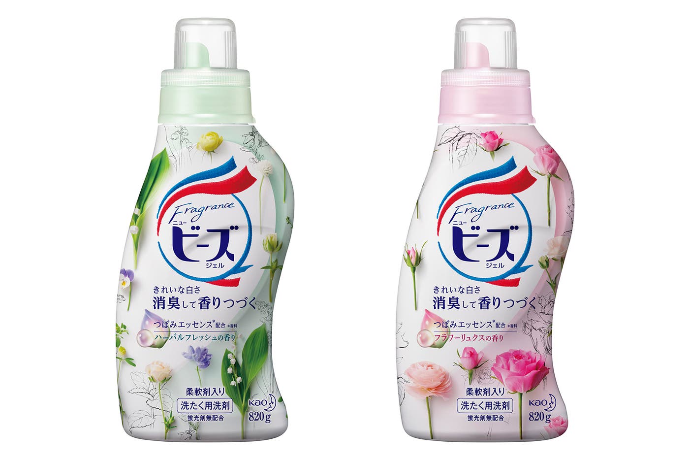 フレグランスニュービーズジェル(左から)「ハーバルフレッシュの香り」「フラワーリュクスの香り」