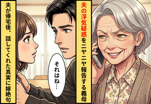 「女から電話がきた♡」夫の浮気疑惑を【ニヤニヤ】報告する義母。しかし夫が帰宅後「はあ？それ…」⇒嫁「えっ…」