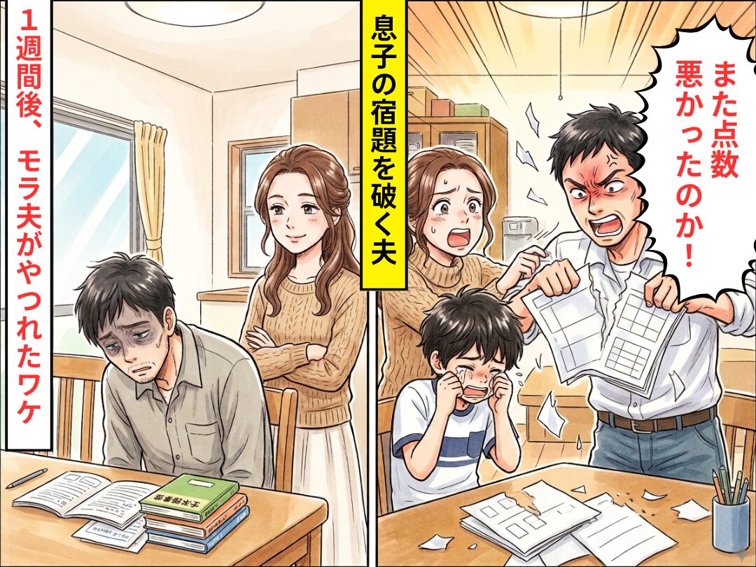 息子のテストの点数が悪いと…”宿題”を破り捨てる夫！？しかし1週間後⇒モラ夫が急に”やつれた”ワケ
