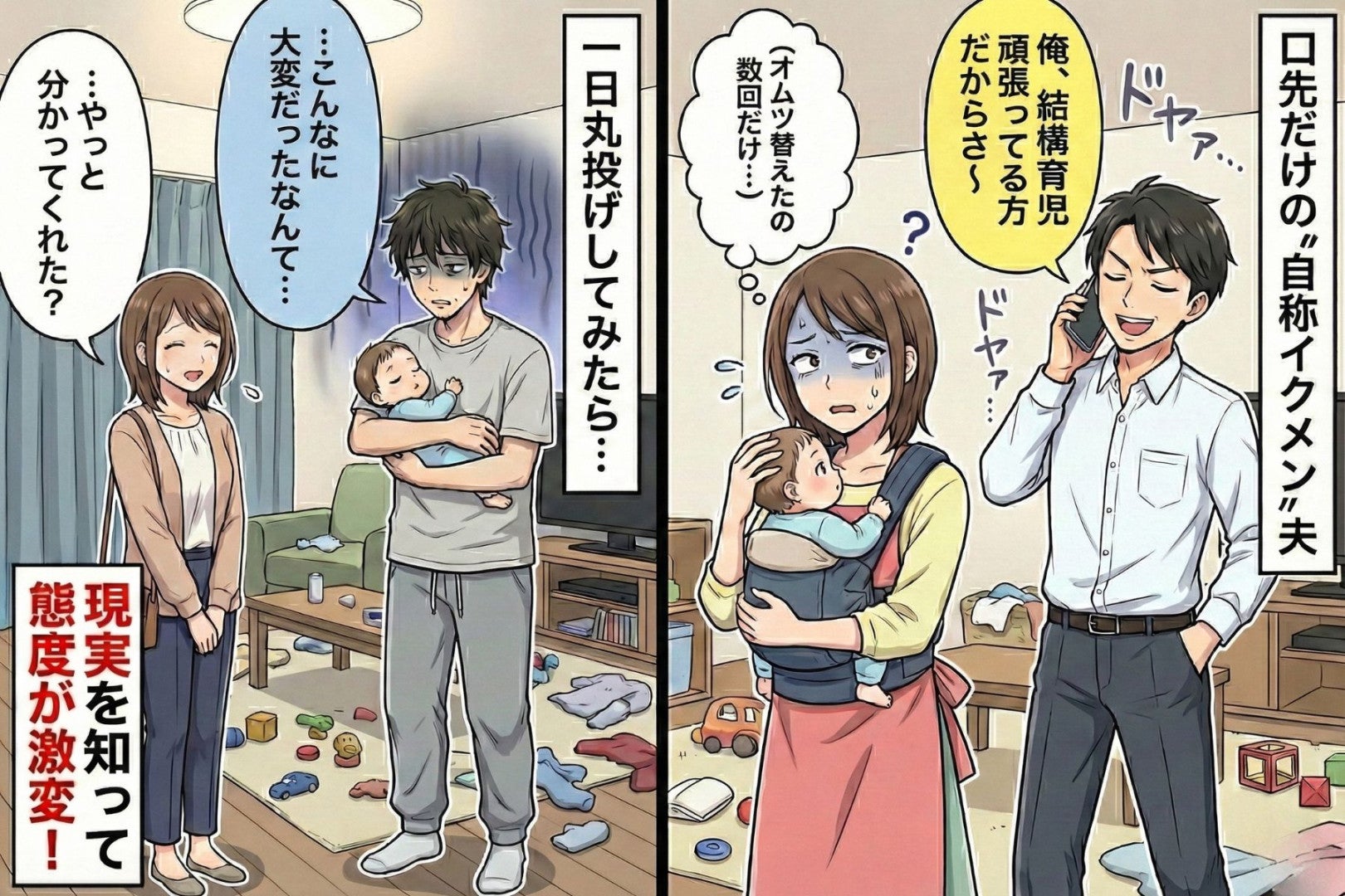 夫「俺、イクメンなんだよね～」子育てアピールが酷い夫→１日だけ子どもの世話を丸投げした結果