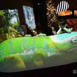 (手前から)4種の動物がインタラクティブに動く「モーフィング・ストーン」、ジャングルや滝、火山をダイナミックに表現する「ベースキャンプ」