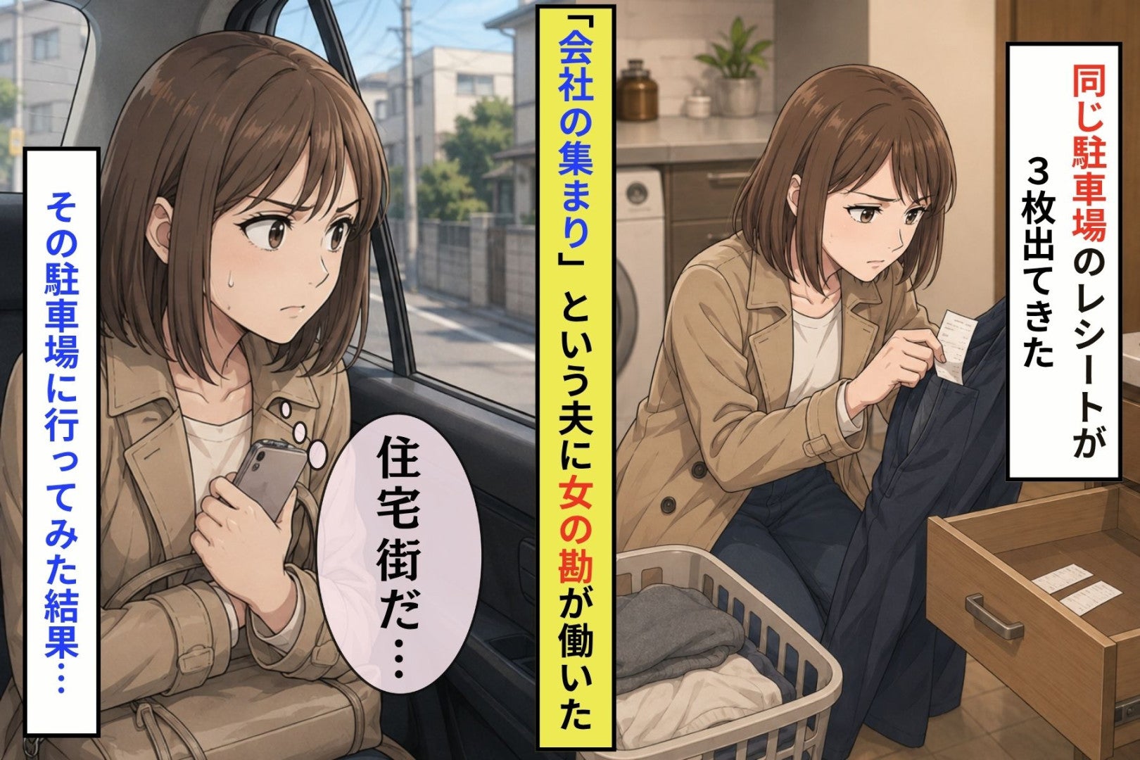 夫のポケットから出てくる同じ駐車場のレシート。「会社の集まりだよ」という言葉。私の『女の勘』が働きました
