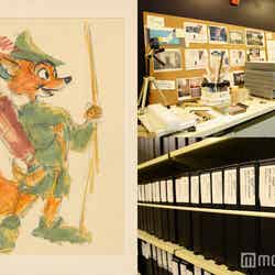 （左）／ロビン・フッド（1973）／コンセプト・アート／ディズニー・スタジオ・アーティスト（C) Disney Enterprises Inc／（左）アニメーション・リサーチ・ライブラリーの様子