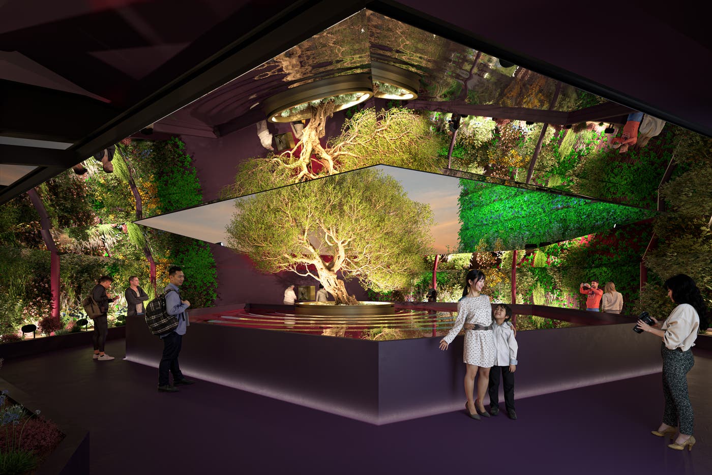 中央に千寿オリーブの樹が堂々とそびえる「奇跡の庭園」(イメージ画像)NINAPHARM space, (C)Justine Emard ADAGP Paris & studios GSM Project