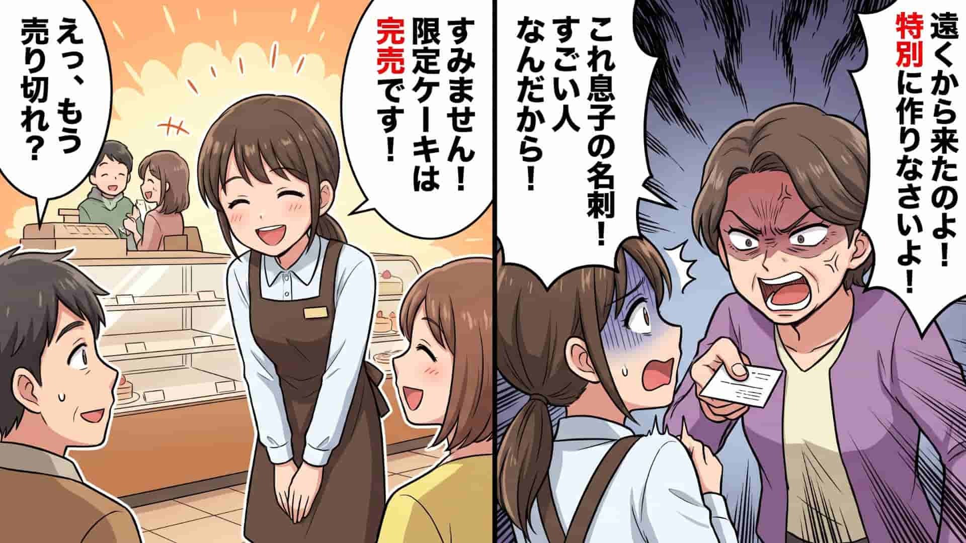 【カスハラ】ケーキ店でのアルバイト。「これ息子の名刺！」限定ケーキの完売に激怒する【クレーマー】の信じられない要求とは…！？