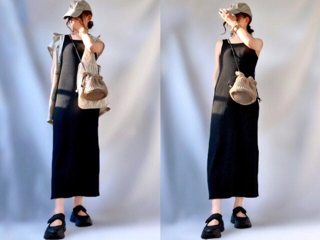 GU　リブニットワンピース　モノトーン　コーデ