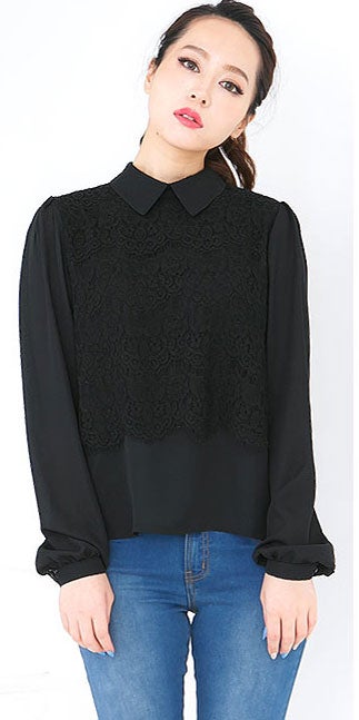 襟付きレースドッキングシフォン長袖ブラウストップス「神戸レタス」2790円（税込）／画像提供：神戸レタス