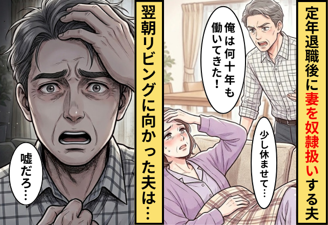 「何十年も働いてきた」定年退職後に妻を奴隷扱いする夫。翌朝⇒リビングに向かった夫は…「嘘だろ…」