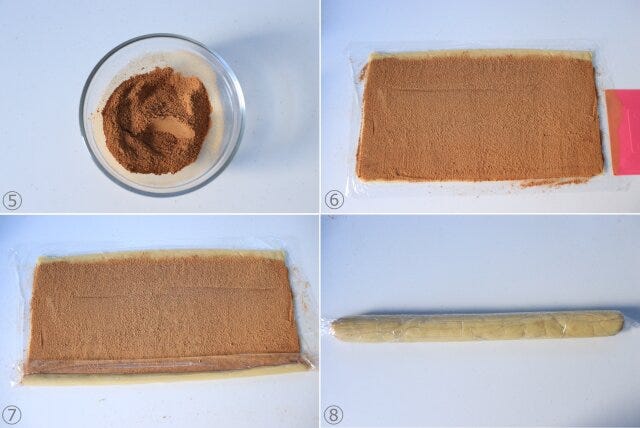 シナモンときび砂糖を混ぜ、クッキー生地にまぶして巻いていく