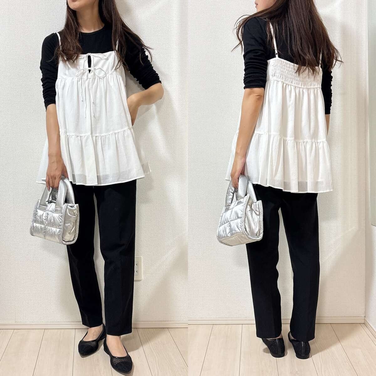 GU　キャミソールチュニック　コーデ　ブラック上下　ロンT