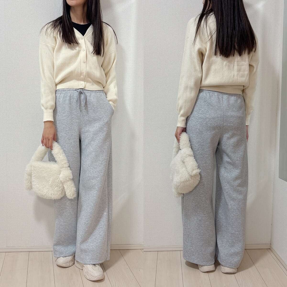 GUパフスウェットバギーパンツのコンパクトトップスコーデ