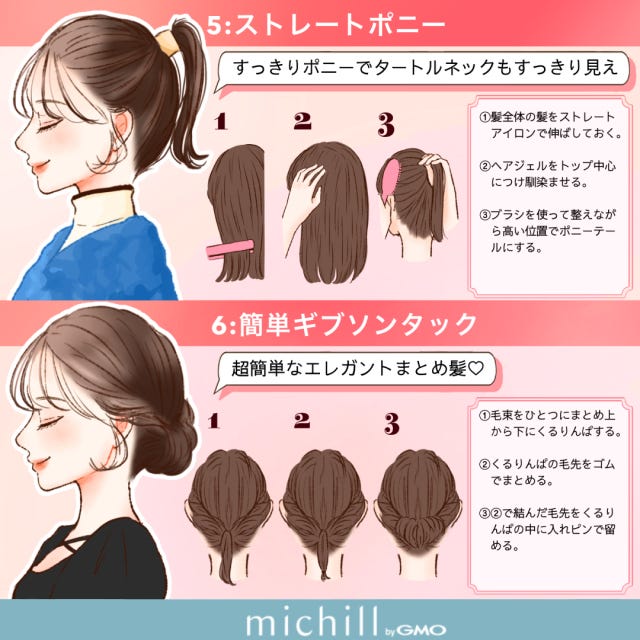 今っぽ見え　垢抜けヘアアレンジ　冬ファッション　kyoko.　イラスト　ストレートポニー　簡単ギブソンタック