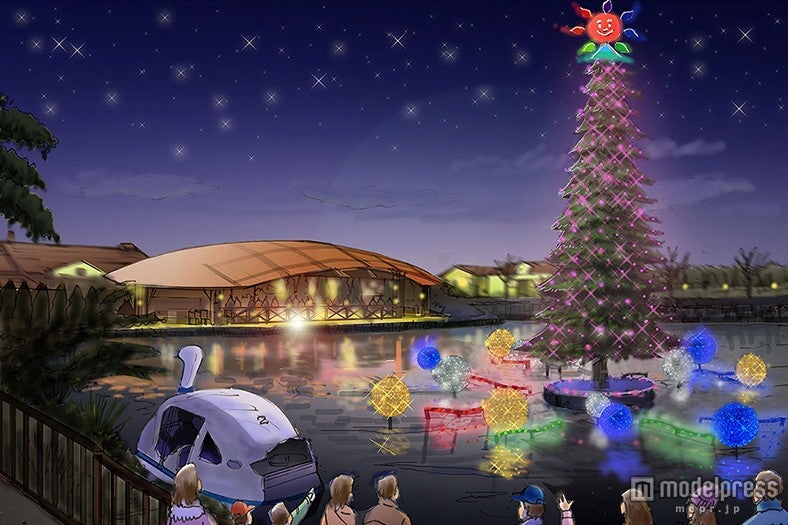 水面に浮かぶ巨大モミの木のイルミネーション／画像提供：長井海の手公園ソレイユの丘