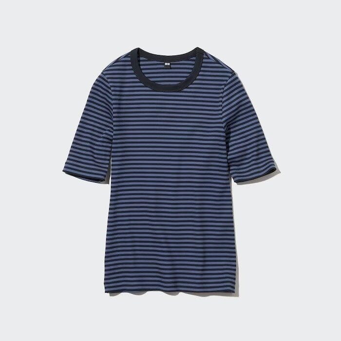 ユニクロ　uniqlo　レディース　おすすめ　オススメ　コスパ　2023　春夏　新作　3月　トップス　リブボーダークルーネックT　5分袖　ボーダー